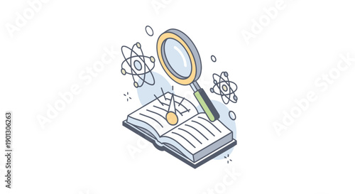 Illustration of a book with a magnifying glass and molecular structures.