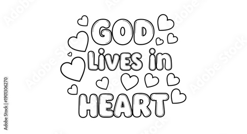 Inspirational line art text God Lives in Heart surrounded by many small heart shapes for coloring or religious craft projects.