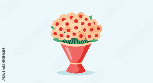 Large colorful bouquet of peach-colored flowers with red centers wrapped in a red paper and tied with a yellow ribbon.