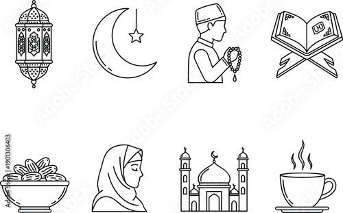 Black and White Islamic Icon Set with Ramadan Lantern Mosque Crescent Moon Quran and Characters for Religious Holiday Design and Coloring Page Elements