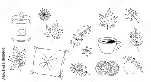 Cozy autumn themed collection of line art drawings including a candle, tea cup, leaves, pillow, and citrus slices for fall vibes.