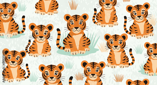 Charming seamless pattern featuring many small tiger cubs sitting in tall grass on a soft light blue background for nursery decor.