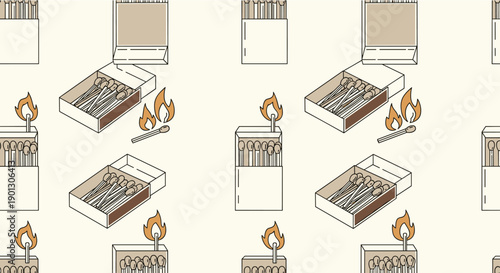 Vintage style seamless pattern of matchboxes and lit matches with warm orange flames against a light cream background.