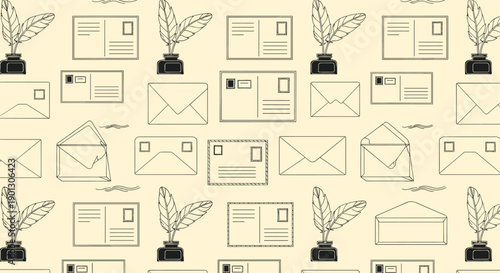 Vintage style seamless pattern featuring envelopes, postcards, inkwells, and quill pens on a warm cream background for stationary.