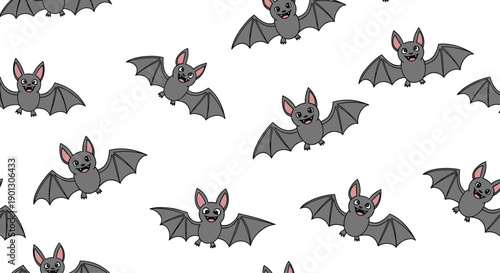 Fun seamless pattern of friendly grey bats flying in different directions on a clean white background for Halloween themes.