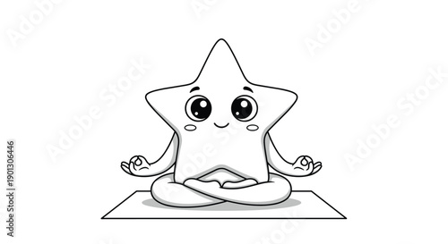 Peaceful star character sitting in a lotus meditation pose on a yoga mat for wellness and mindfulness concepts in line art.