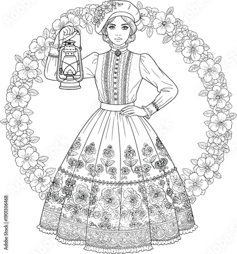 Vintage Line Art Illustration of a Young Woman in Ornate Victorian Dress Holding a Lantern Framed by a Floral Wreath for Adult Coloring Page Design