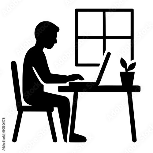 Illustration of man sitting at a desk working on a laptop computer by a window