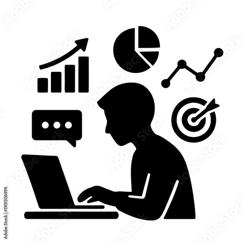 Illustration of man working on a laptop with graphs and a target