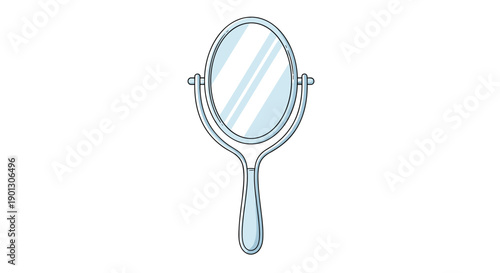 Minimalist line art illustration of a classic oval hand mirror with a handle and decorative frame on a white background.