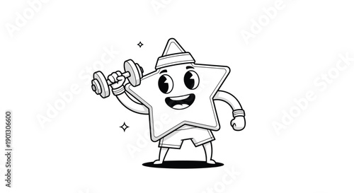 Energetic cartoon star character wearing a headband and shorts lifts a heavy dumbbell to show fitness and strength.