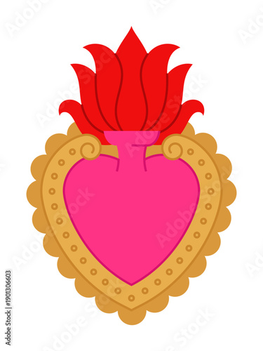 Sacred Heart with decorative frame and flame. Simplicity vector illustration, isolated