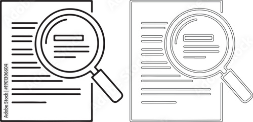 Black and white line art of magnifying glasses on documents with text