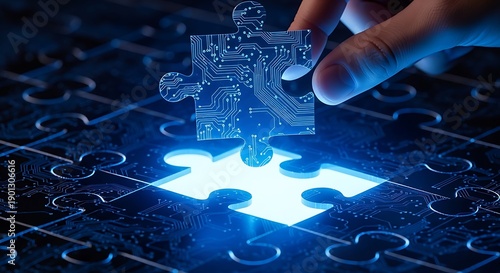 Close-up of a hand placing a glowing blue puzzle piece with circuit board patterns into a matching slot, symbolizing technology solutions