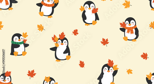 Charming seamless pattern of cute penguins wearing scarves and holding orange maple leaves on a beige background.