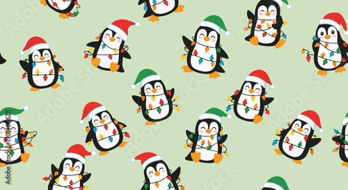 Festive seamless pattern of cute penguins wearing Santa hats and wrapped in colorful Christmas lights on a green background.