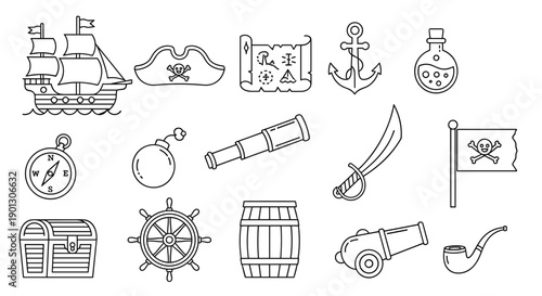 Comprehensive set of pirate line icons includes a ship, map, anchor, compass, sword, treasure chest, and more objects.