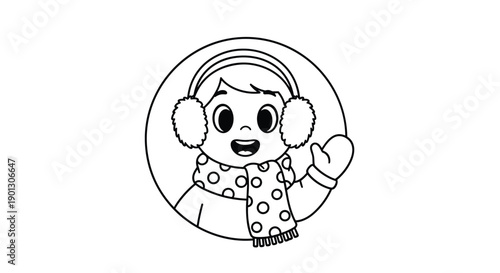 Cute child coloring page for winter features a boy wearing earmuffs and a polka dot scarf inside a circular border.