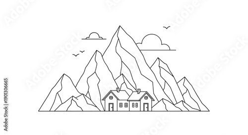 Serene line drawing of two connected houses at the base of large majestic mountain peaks under a cloudy sky with birds.