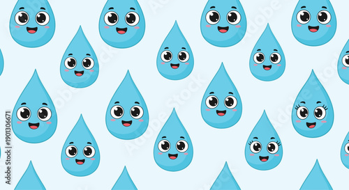 Cheerful seamless pattern of smiling blue water drop characters with large eyes creates a refreshing and liquid theme.