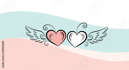 Romantic illustration of two winged hearts, one pink and one white, flying together over a soft wavy pastel background.