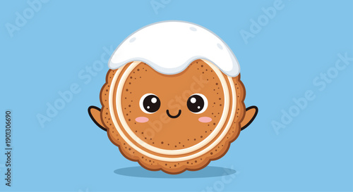 Delightful cartoon cookie character with white icing and a happy face welcomes everyone with its arms open wide.