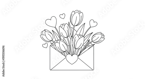 Lovely coloring page for kids shows an open envelope filled with beautiful tulips and floating heart shapes for a gift.