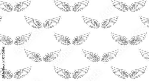 Beautiful seamless pattern of pairs of feathered angel wings in a delicate black line art style on a clean white background for a theme.