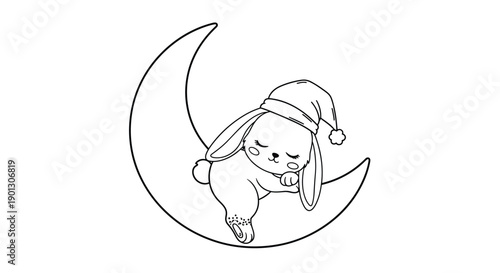 Charming line art drawing of a cute bunny wearing a nightcap and sleeping peacefully on a crescent moon among the stars in the night sky.