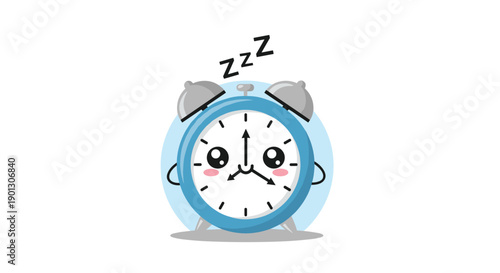 Adorable blue alarm clock with a cute face and eyes closed sleeping with zzz symbols on a white background indicating rest or time.