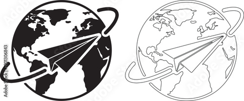 Black and white illustration of a paper airplane circling the earth