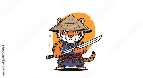 Brave tiger warrior character dressed as a traditional samurai with a hat and holding a sharp katana sword on an orange circle background.