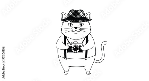 Cute line art drawing of a round cat wearing a stylish plaid hat and suspenders while holding a camera like a professional photographer.