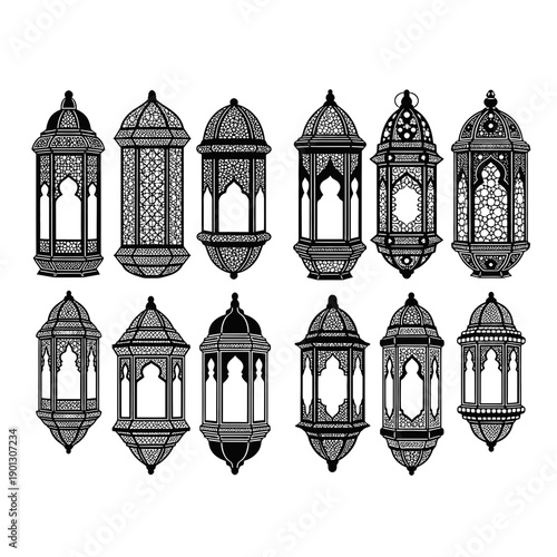 Intricate designs of traditional hanging lanterns in various artistic styles