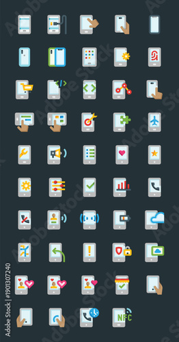 Cell phone devices and mobile technology icons set