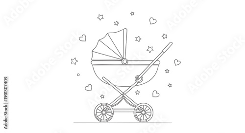 Vector baby stroller with stars and hearts, nursery or kids illustration, for website or social media, Isolated on transparent background, png