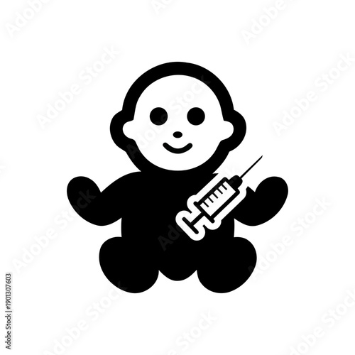 Infant vaccination icon. Baby immunization and pediatric healthcare. Vector icon depicting a smiling baby with a syringe, representing infant vaccination, pediatric healthcare