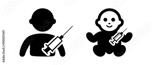 Children holding syringes, medical illustration. 