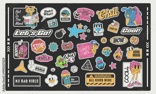 Retro sticker collections with playful cartoon characters. Vector illustration