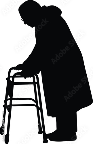 Silhouette of elderly person using walker, symbolizing aging, disability support, rehabilitation, and mobility assistance on white background