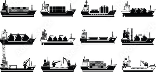 Cargo ship silhouette set, industrial tanker and container vessels, maritime transport icons, black ship symbols for logistics and shipping