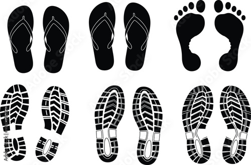 Footprint and footwear sole silhouettes collection showing flip flops, barefoot tracks, and shoe tread patterns, black footprint icon illustration set isolated on white background