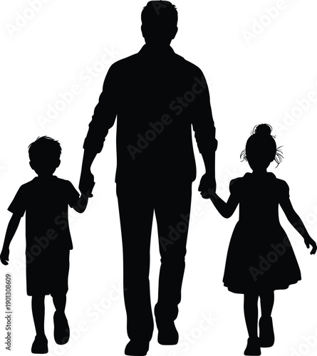 Silhouette of a parent and child walking hand in hand against a white background