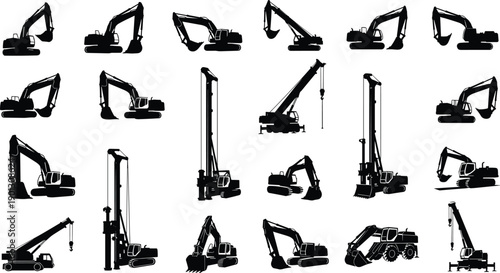 Construction machinery silhouettes collection featuring excavators, cranes, drilling rigs, and heavy equipment, black industrial vehicle illustration set isolated on white background for design use