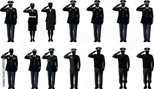 Military salute uniform illustration set, army and air force officers standing at attention, ceremonial gesture, defense service character collection