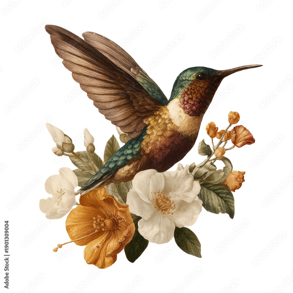 Obraz premium vintage boho illustration, hummingbird with flowers,