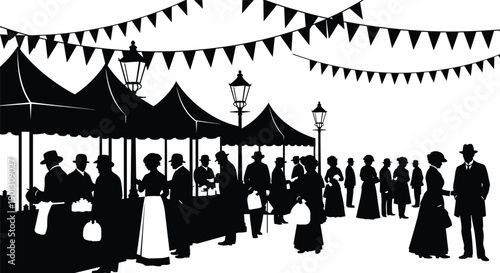 Vintage street market silhouette illustration, Victorian era crowd at outdoor stalls, festive bunting and lamps, historical town fair scene