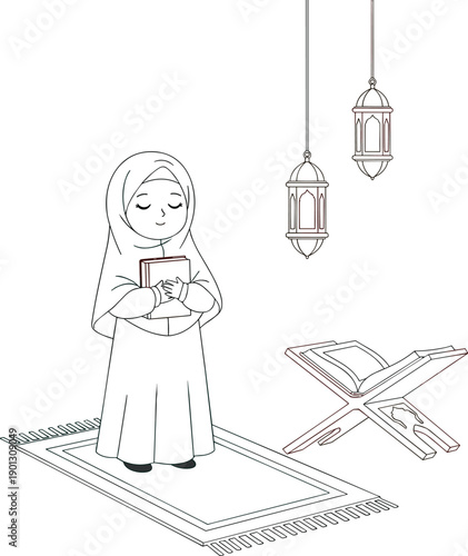 Black and White Line Art Illustration of a Young Muslim Girl Character in Hijab Holding the Holy Quran Standing on a Prayer Mat for Islamic Coloring Page Design