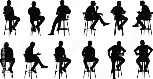 Sitting man silhouette set on chair and stool, male seated poses for interview, discussion, casual posture, human body language illustration