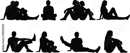Sitting people silhouette set, relaxed male and female poses on floor, casual lifestyle body positions, human posture illustration collection